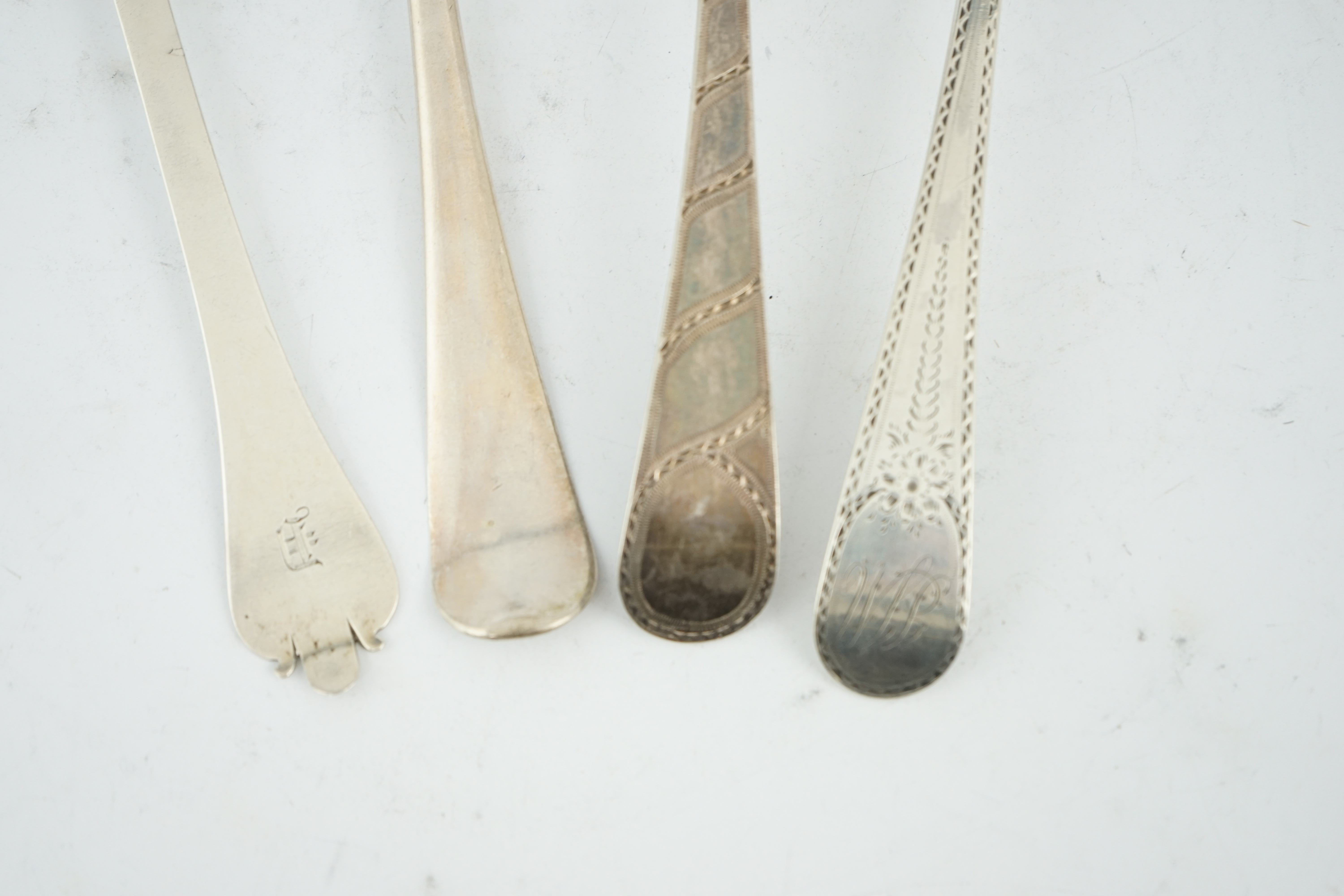 A collection of assorted 18th century and later silver table spoons, etc. various dates, patterns and makers, including a set of six Hanovarian pattern table spoons by Thomas Jackson I, London, 1742